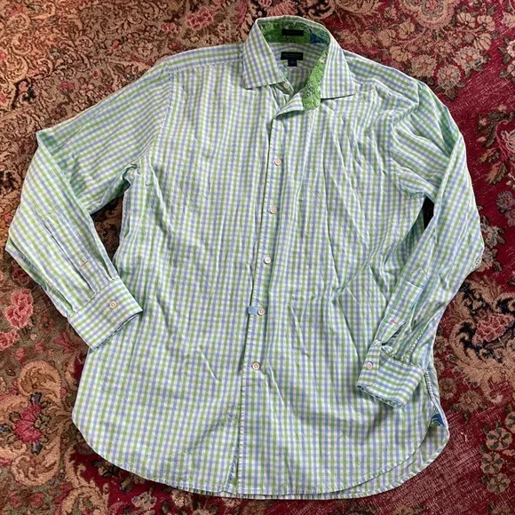 Lilly Pulitzer Green Blue & White Gingham Check Button Down Shirt Men’s L - Picture 1 of 9